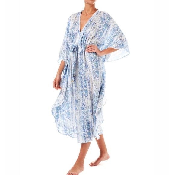 MANDUM 100% Cotton Floral Print Drawstring Kaftan Beach Cover-Up Dress O/S - Picture 1 of 10